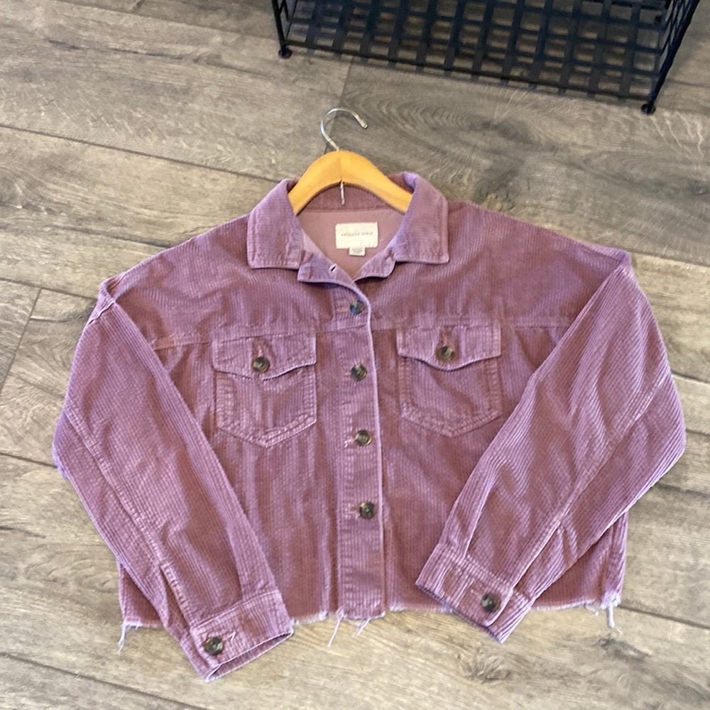 American Eagle Mauve Corduroy Shackleton Button Up Cropped Frayed Hem Size  XS